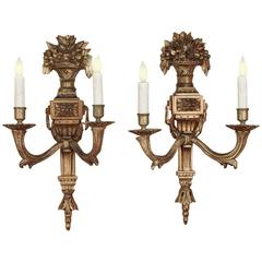 Pair of Antique Italian Louis XVI Style Hand-Carved Giltwood Sconces