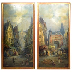 Oil on Canvas Merchant Street Scene, Rouen, France
