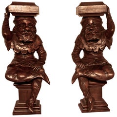 Pair of Early 19th Century Carved Court Jesters Figural Carvings