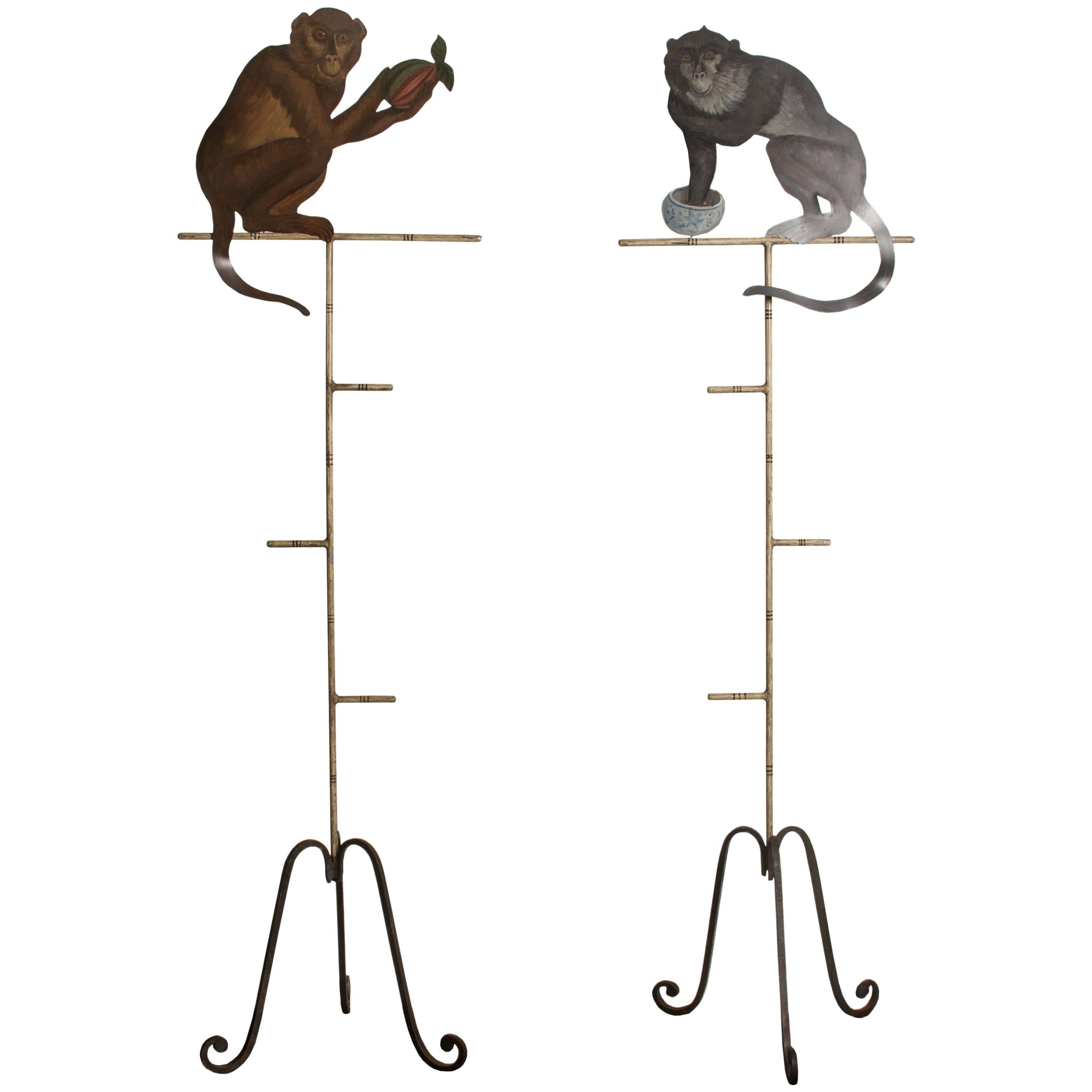Pair of Painted Metal Monkey on Stands For Sale