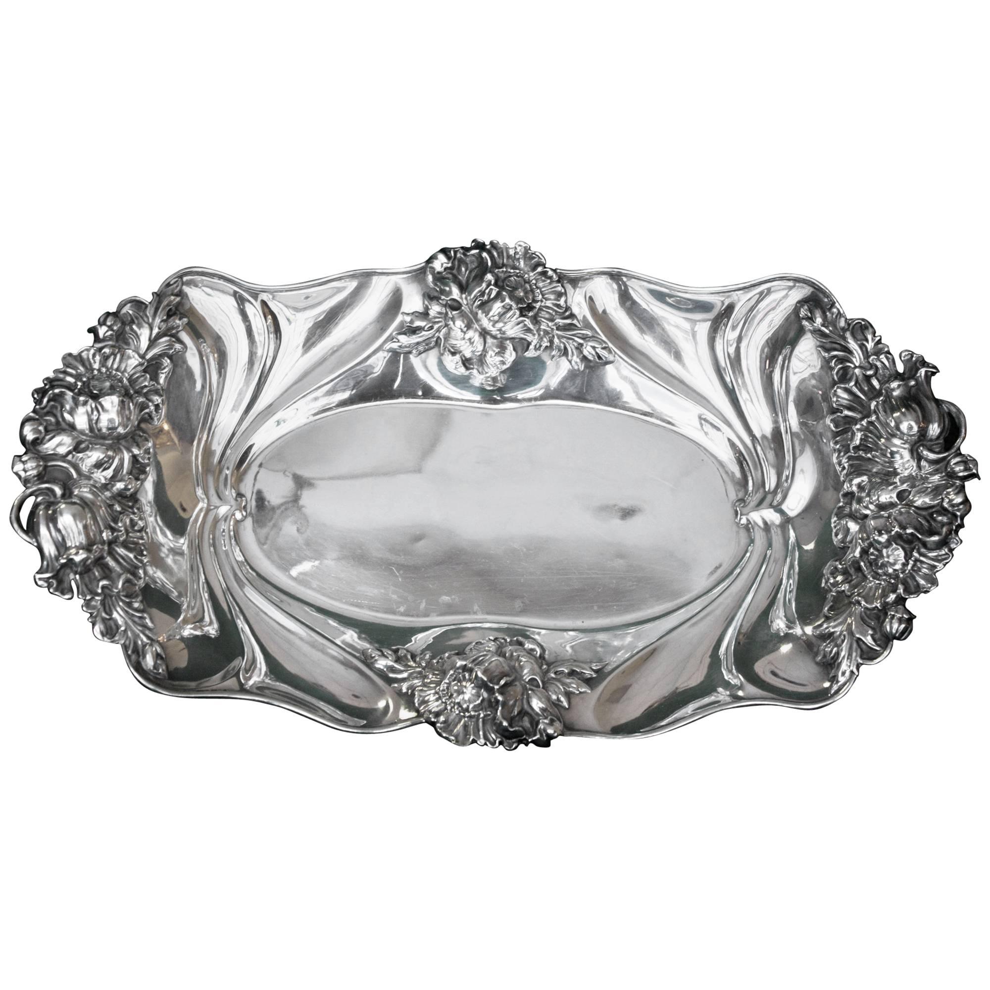 Art Nouveau Sterling Silver Bread Tray Opium Poppies