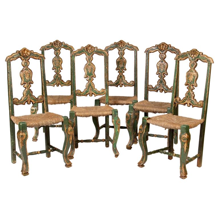 Set of Six Painted Continental Dining Chairs For Sale at 1stdibs
