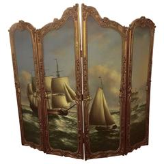 Large Beautiful Gilded French Four Panel Screen Nautical Painting, 19th Century
