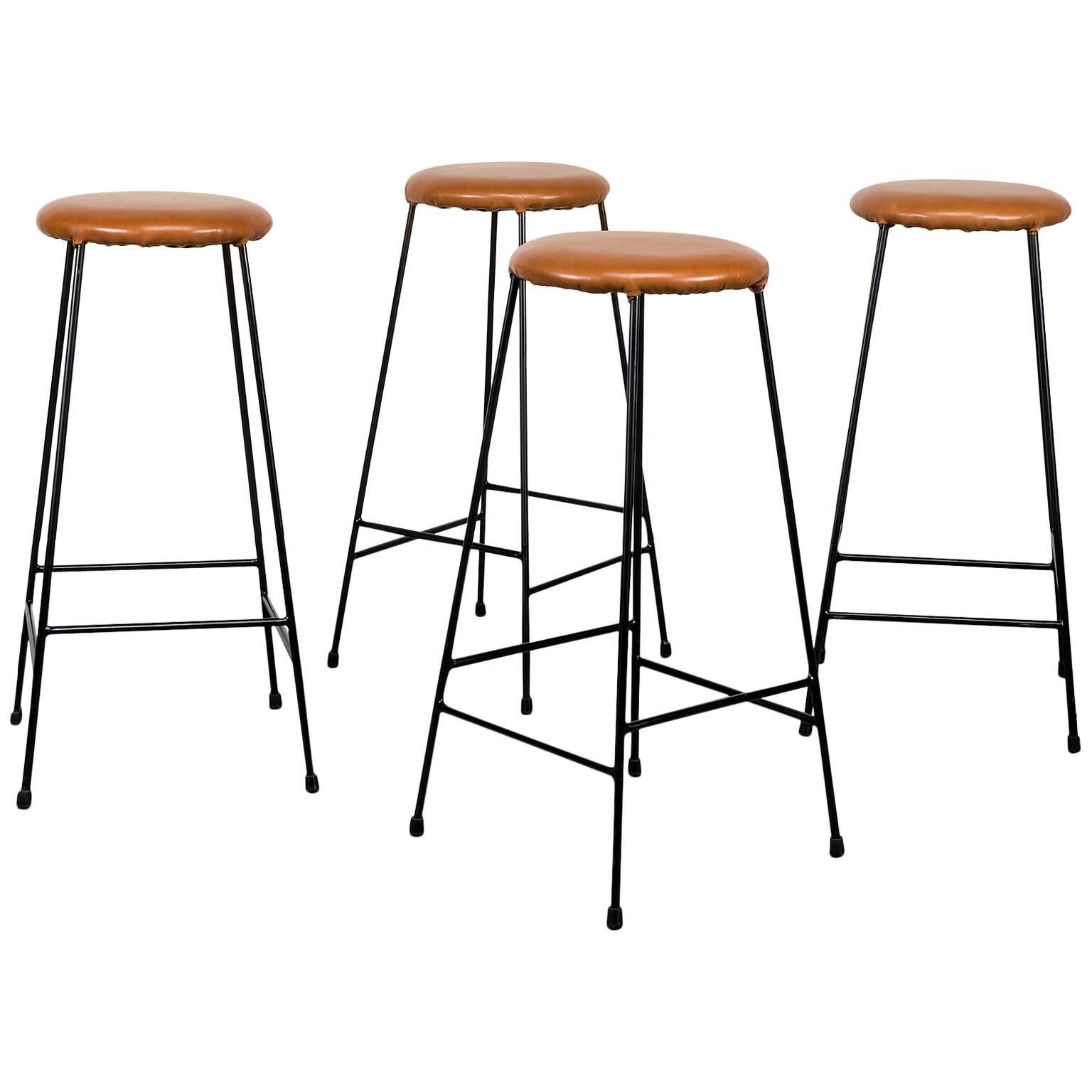 Set of Four Iron Barstools with Caramel Leather Seats, 1960s