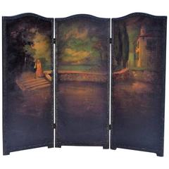 French Romantic Three-Panel Hand Panting Leather Screen, circa 1900 7