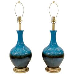 Pair of Blue and Graphite Drip Glaze Table Lamps