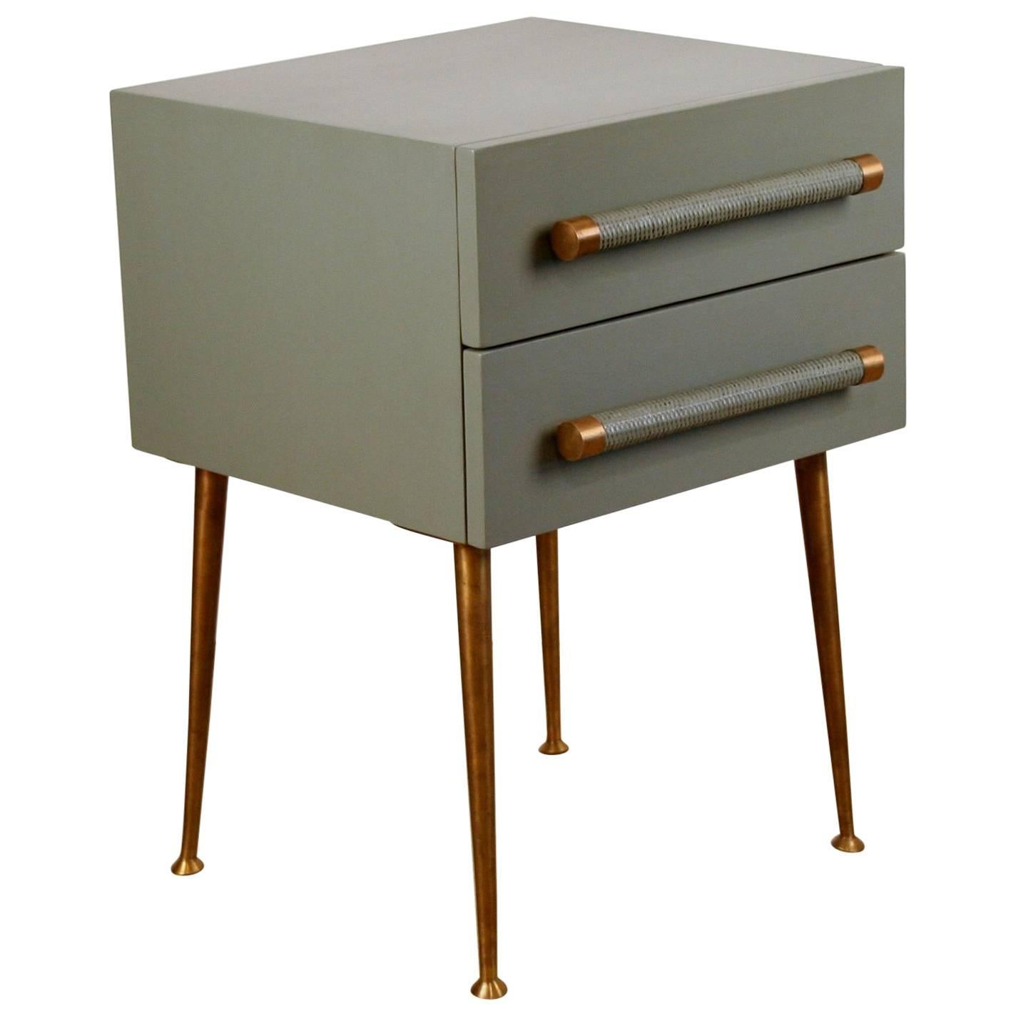Two-Drawer Bedside Table with Brass Legs and Wicker and Brass Handles