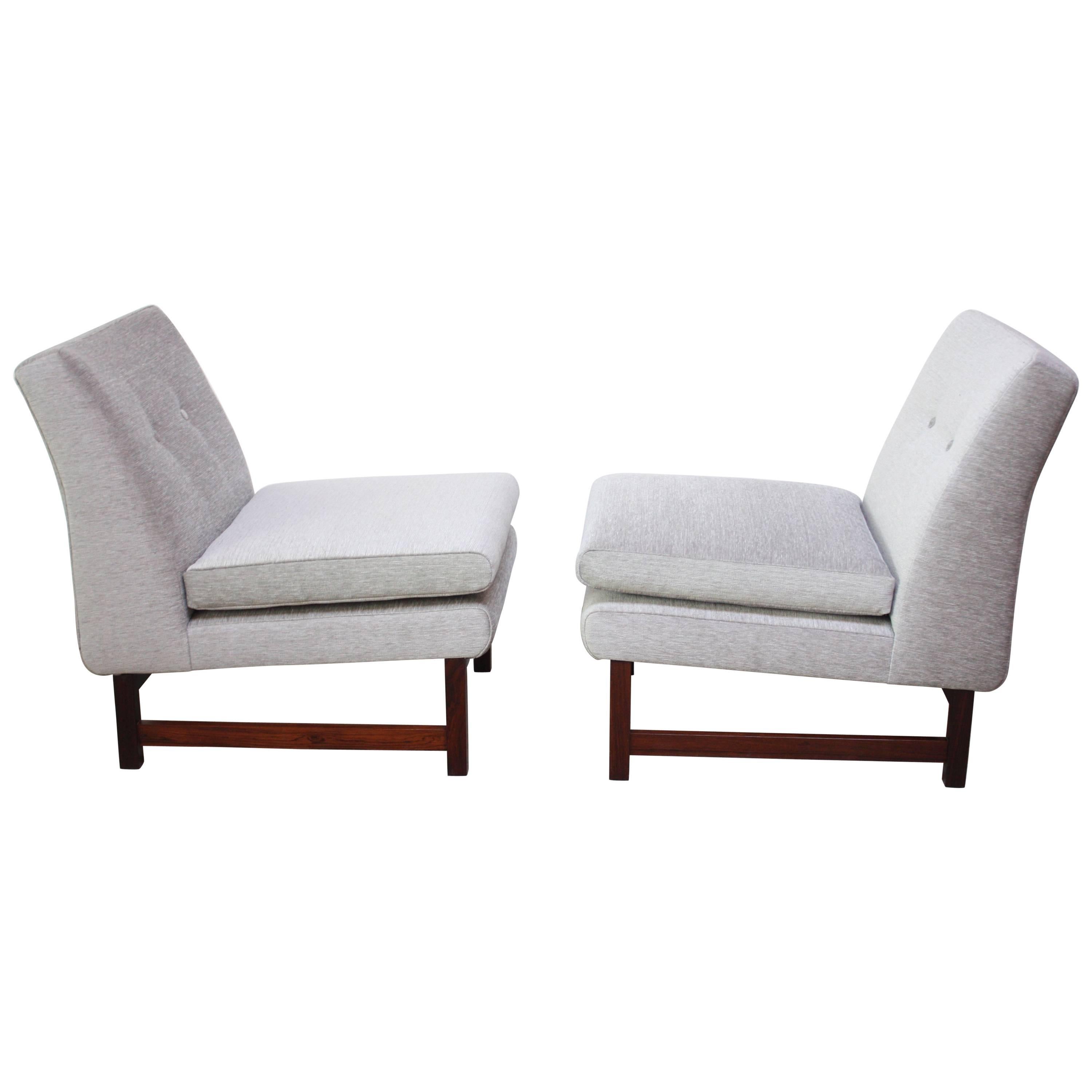 Pair of Norwegian LK Hjelle Slipper Chairs in Chenille and Rosewood