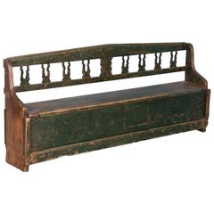 Antique 19th Century Hungarian Storage Bench with Original Green Paint