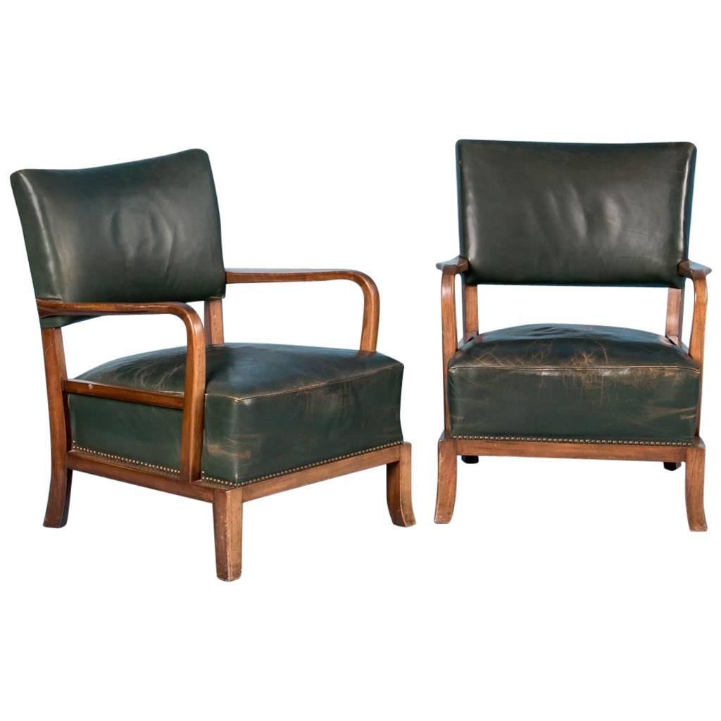 Pair of Vintage Danish Green Leather Armchairs