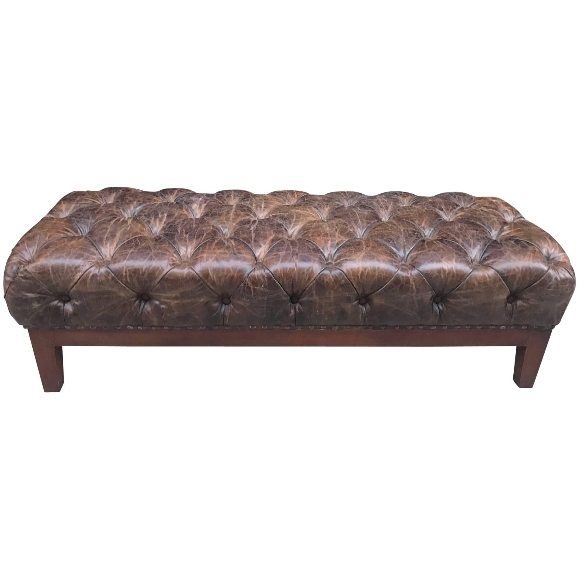 Brown Distressed Tufted Leather Bench