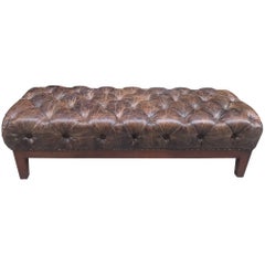 Brown Distressed Tufted Leather Bench