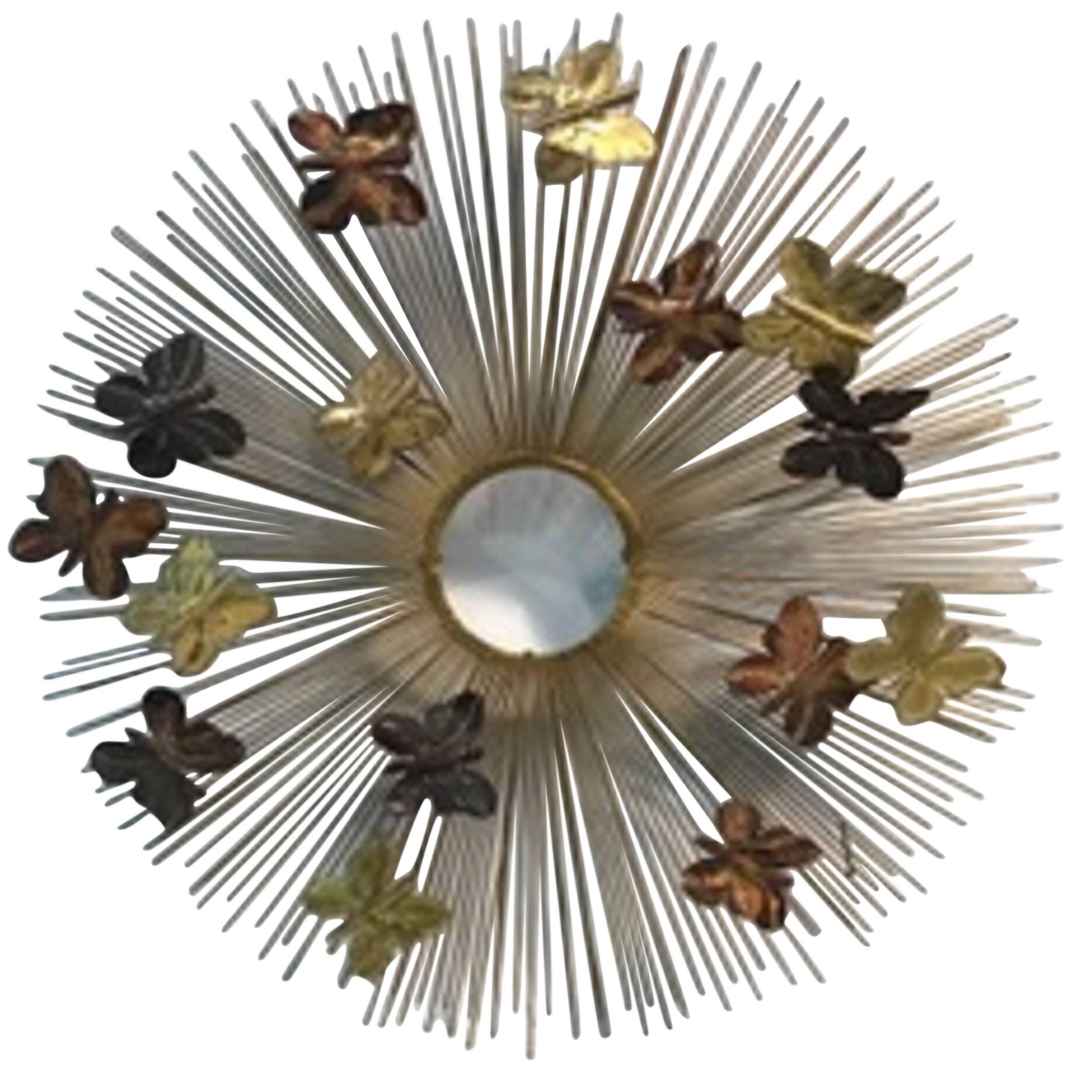 Beautiful and Rare Curtis Jere Sunburst Wall Sculpture with Butterflies For Sale
