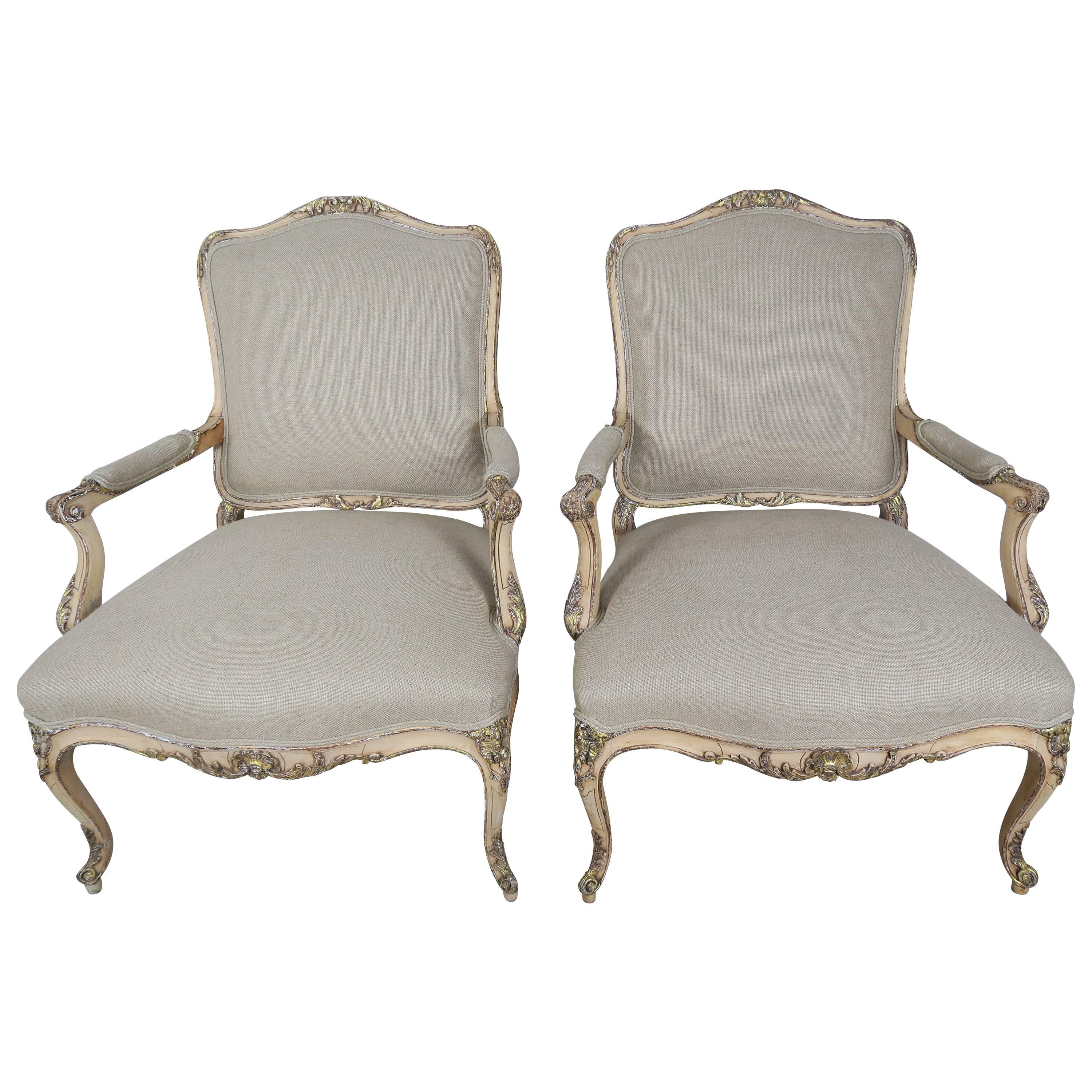 French Louis XV Style Parcel-Gilt Armchairs, Pair