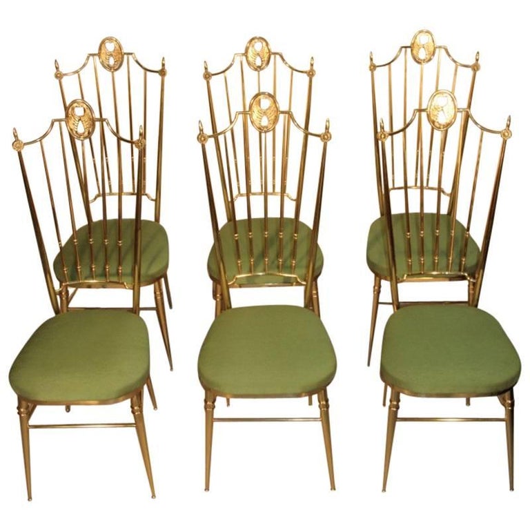 High Back Chairs, Mid-Century Italian Design in Gio Ponti Style Brass Gold Green For Sale
