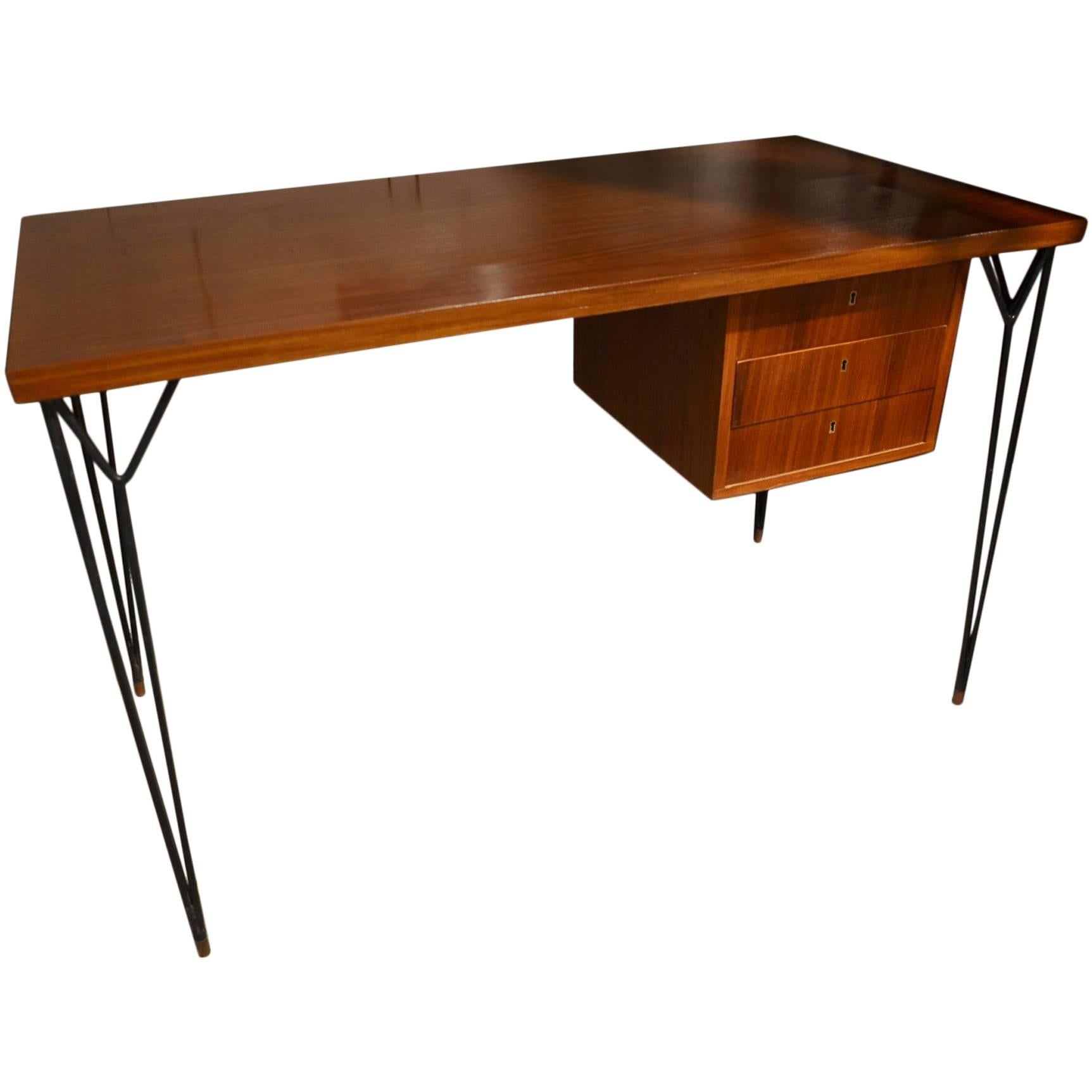 Italian Wood and Steel Desk, circa 1960 For Sale