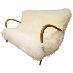 Beautiful Italian Sofa Reupholstered Tibet Lamb Fur, circa 1960