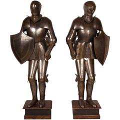 Lifesize Etched Iron Full Plate Suits of Armour with Shields, Pair, 19th Century