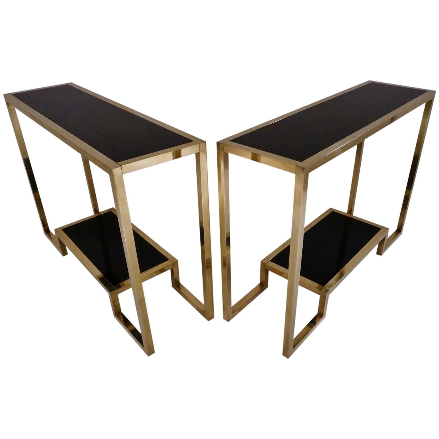 Pair of Brass Console Tables with Black Lacquer Guy Lefevre, French