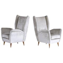 Gio Ponti Pair of High Back Armchairs in Silver Gray Velvet