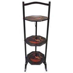 Antique Three-Tier Folding Chinoiserie Black Lacquer Dessert Stand, circa 1900