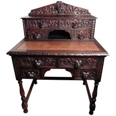 Carved Victorian Oak Bonheur De Jour or Ladies Writing Desk, Leather Top