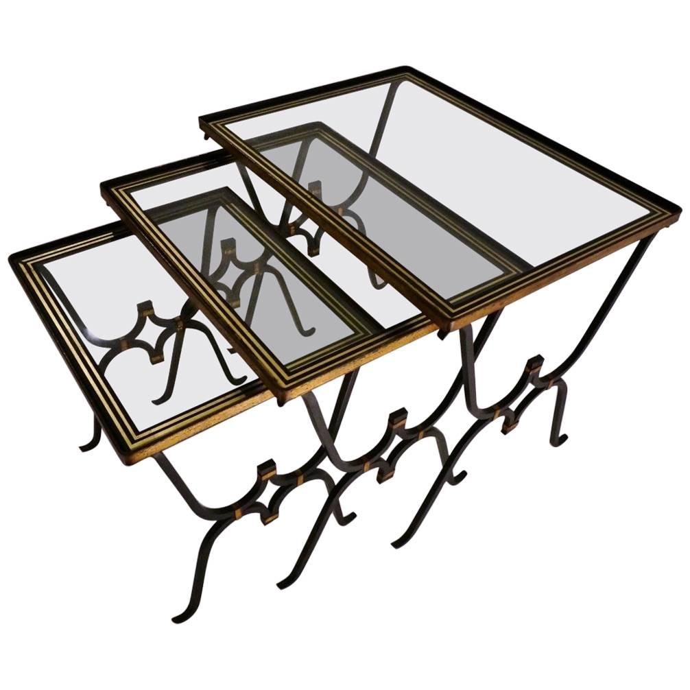 Rene Drouet Nesting Tables, Gilt Iron and Gold Leaf Glass Tops, French