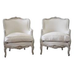 Pair of 19th Century Painted and Upholstered Louis XV Style Bergere Chairs