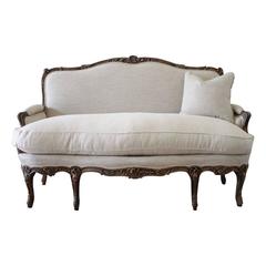 19th Century Carved Giltwood Patina Settee in Natural Linens