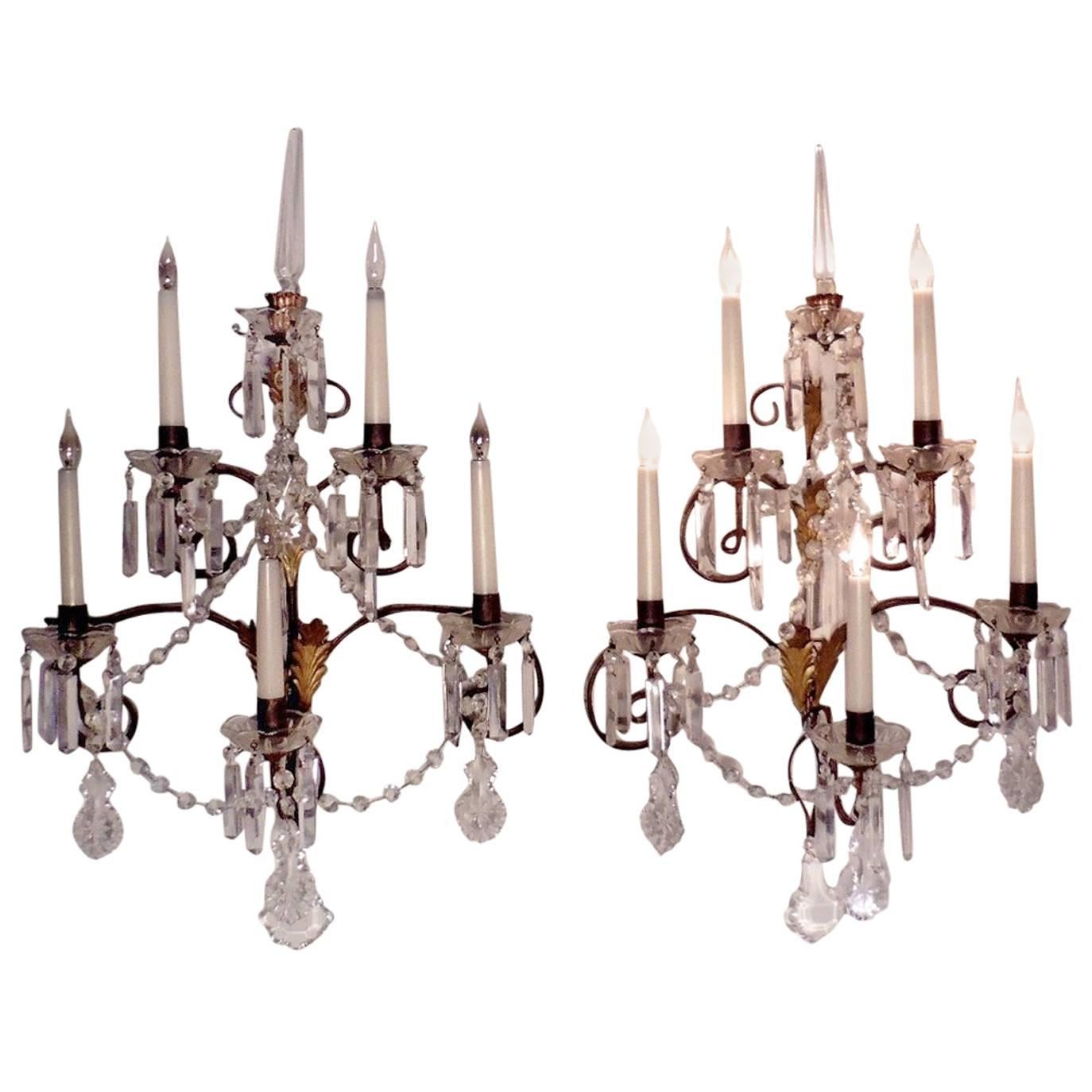 Pair of Very Large French Wall Chandeliers, Crystal Lustres and Chains
