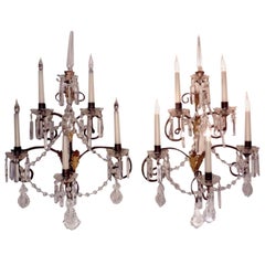 Antique Pair of Very Large French Wall Chandeliers, Crystal Lustres and Chains