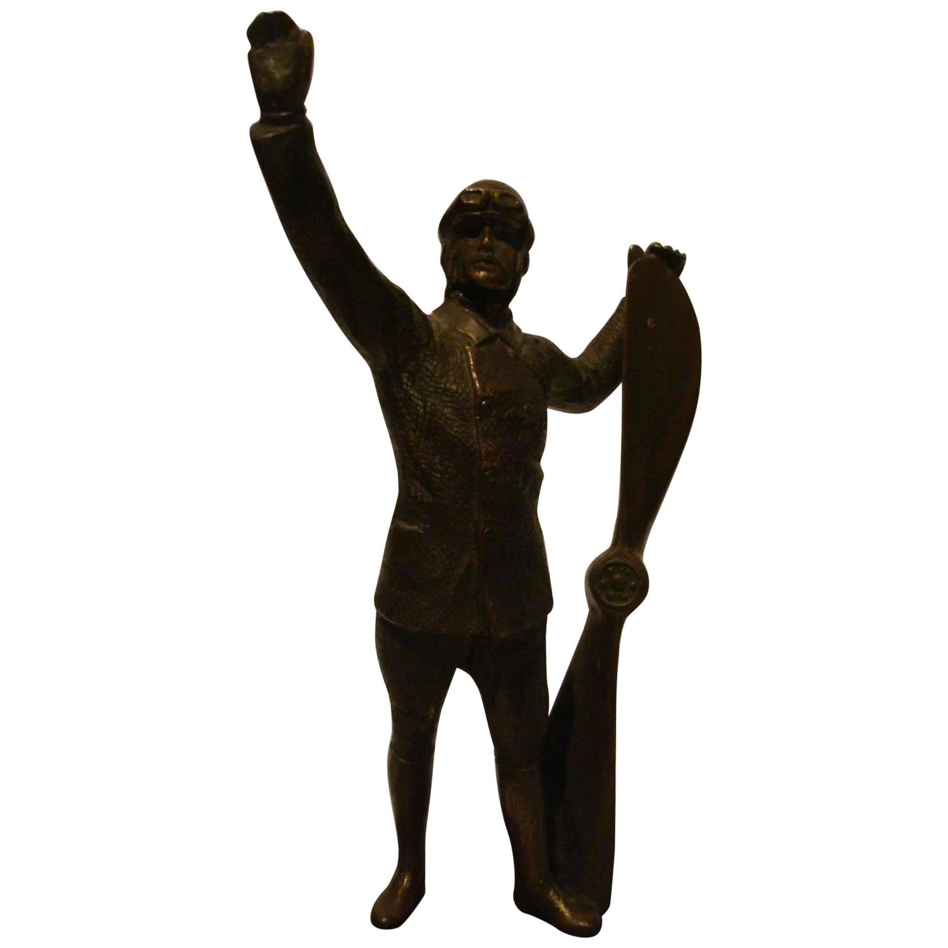 Early Aviation Pilot Bronze Sculpture, France, 1910s