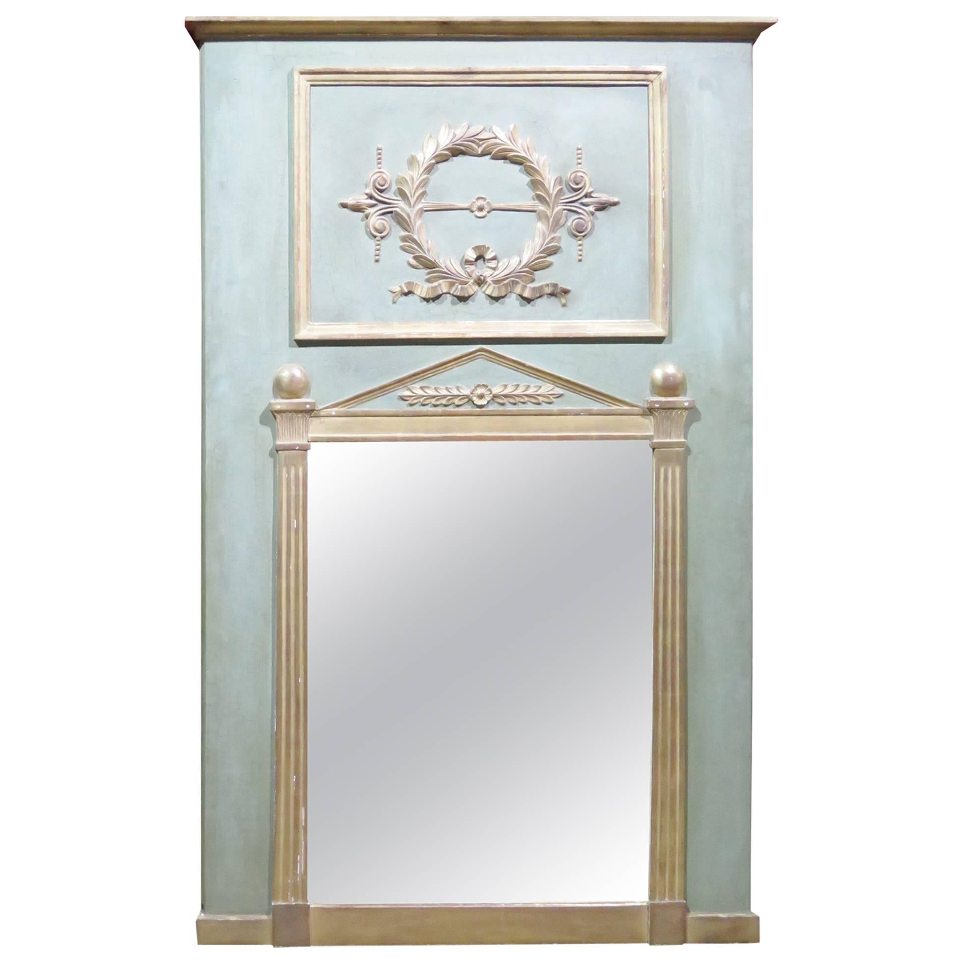 French Style Distressed Painted and Gilt Trumeau Mirror