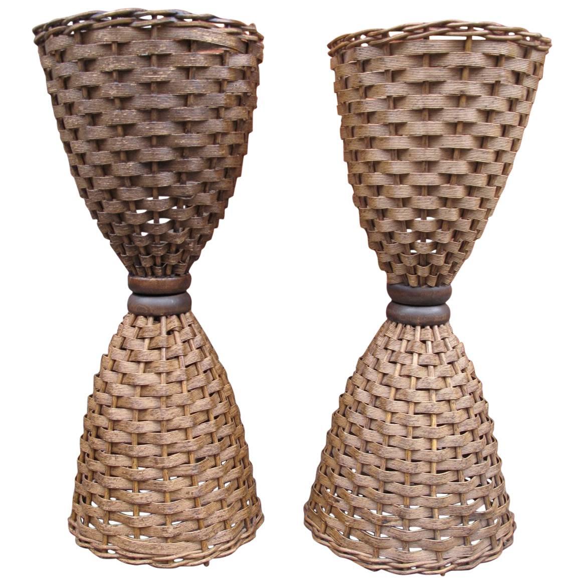 Pair of Wicker Hourglass Table Lamps
