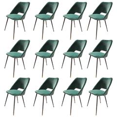 Set of 12 Italian Reupholstered Chairs in a Green Velvet, circa 1960