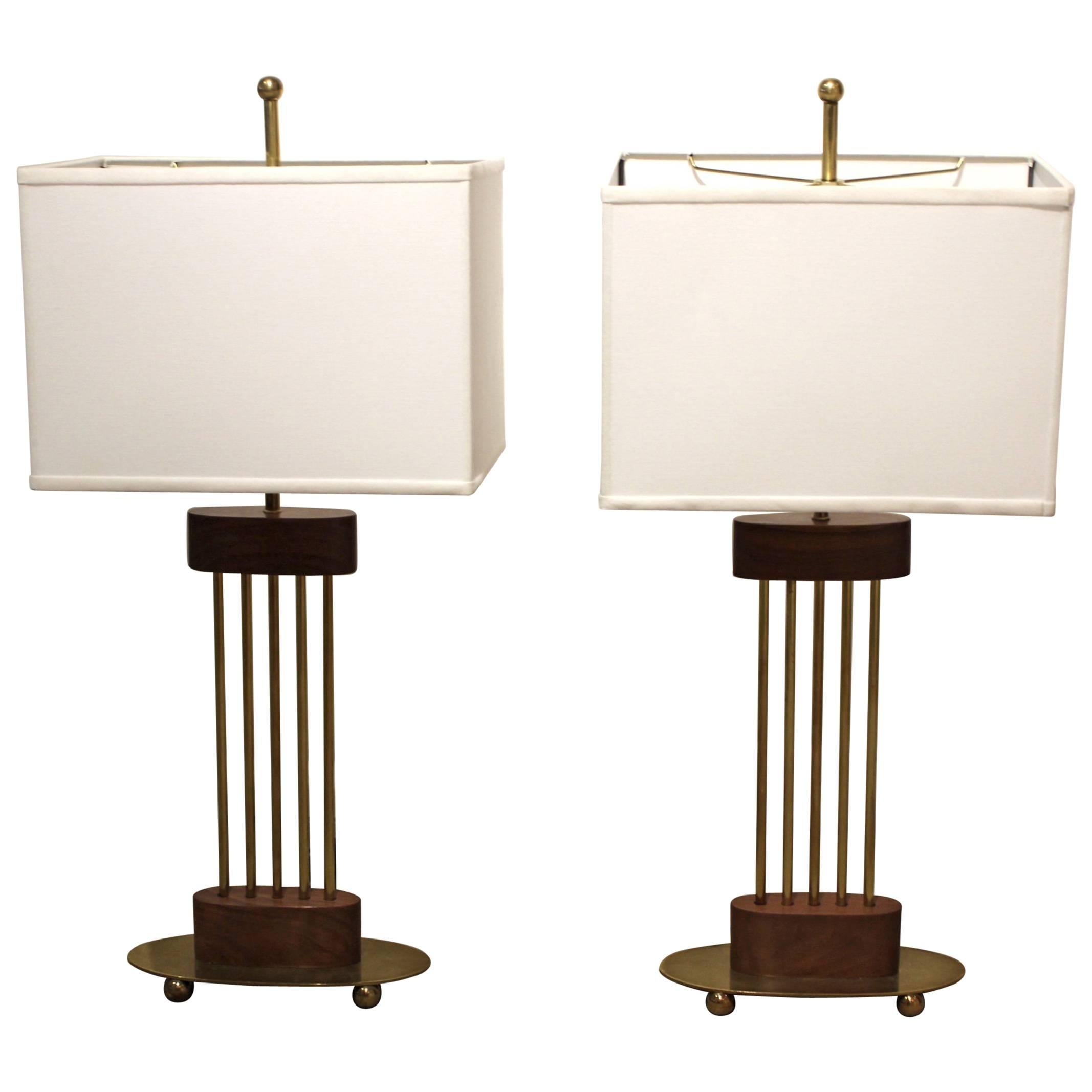 1960s, Modern Brass and Walnut Italian Table Lamps