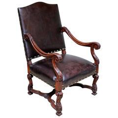 French Carved Wooden Leather Chair