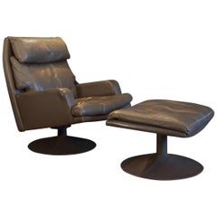 Large Retro Leather Swivel Chair and Ottoman