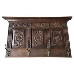 Large Antique and Quality Carved Wooden & Cast Bronze Wall Coat Rack with Shelf