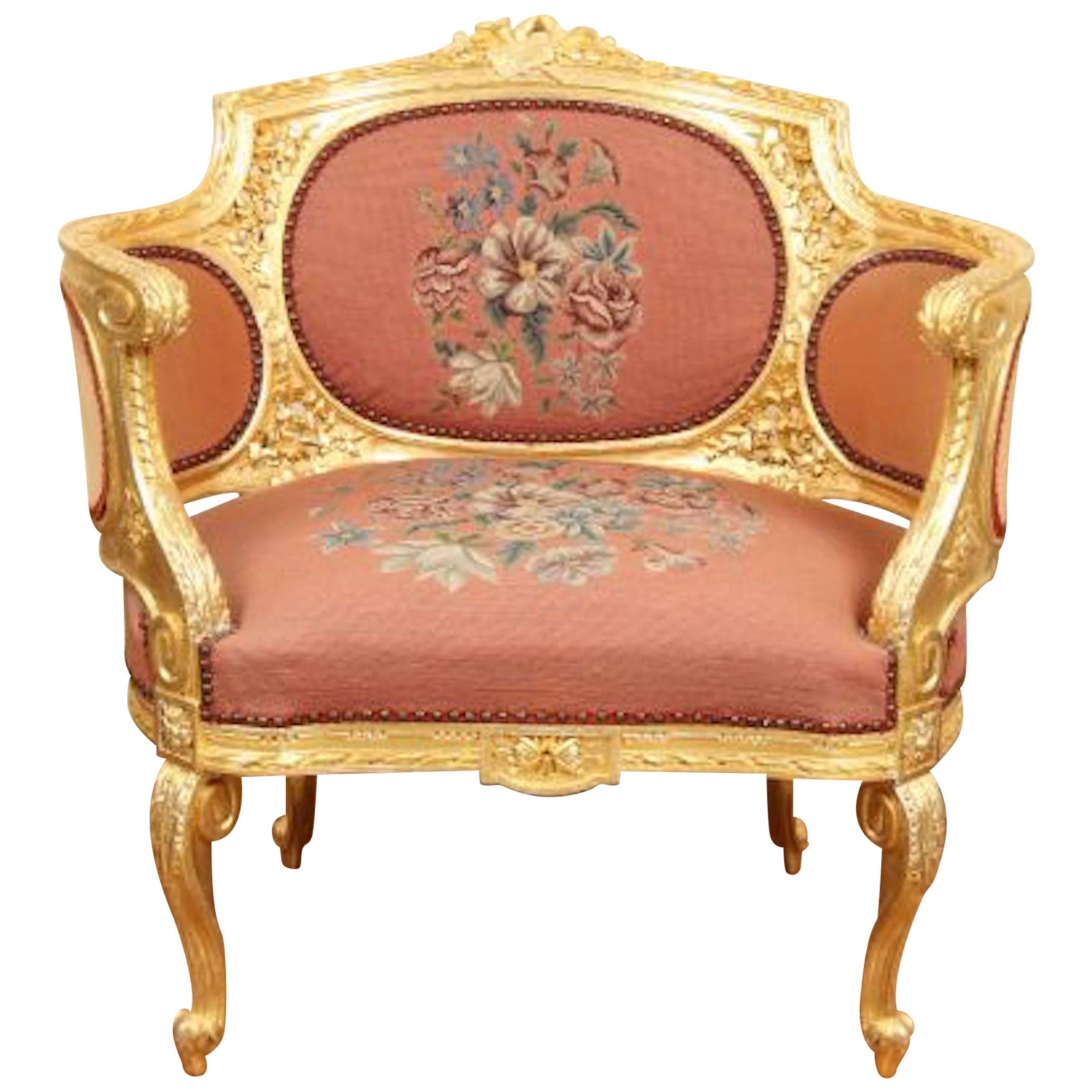 Early 20th Century Carved and Gilt Bergere Armchair For Sale