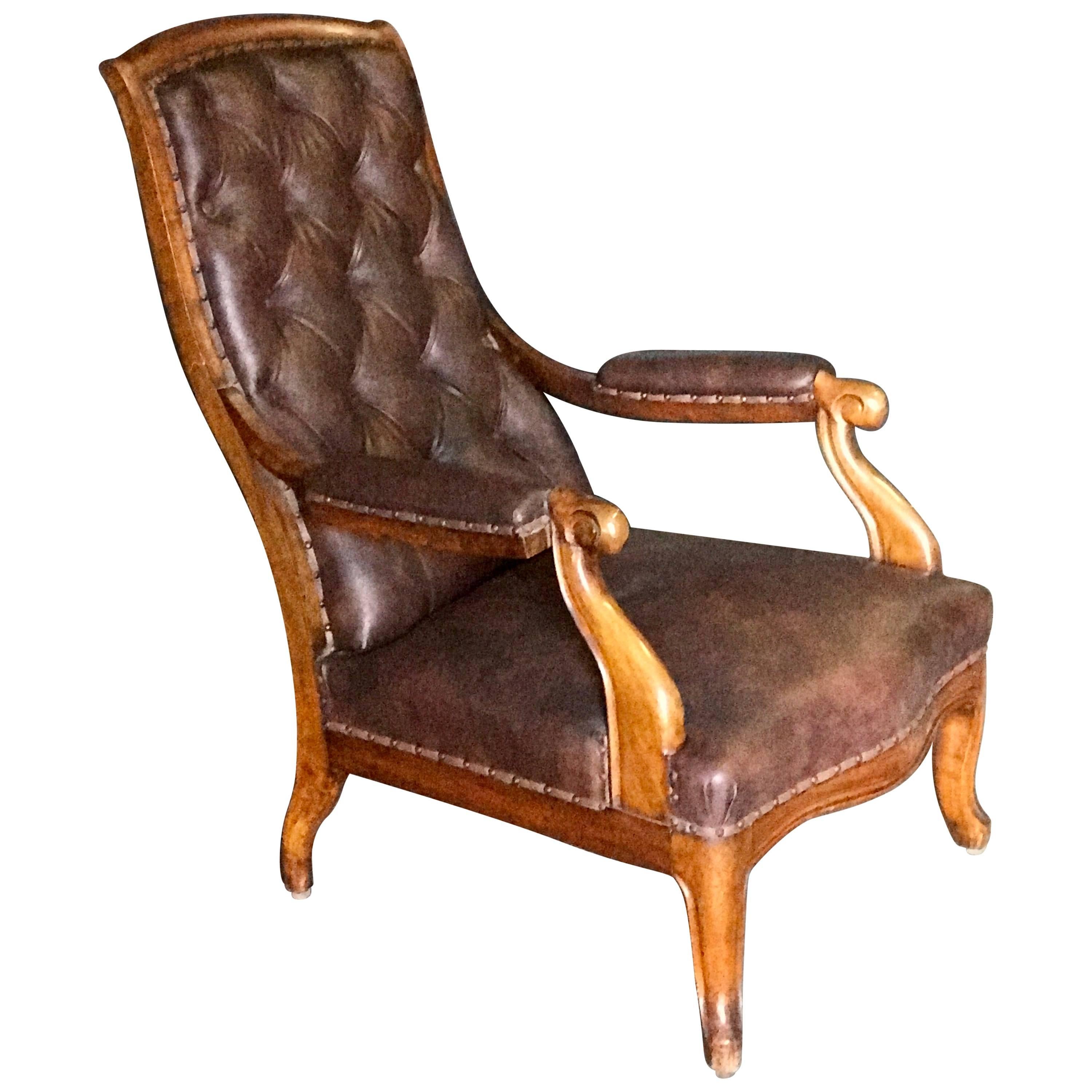 Italian Tufted Leather and Walnut Bergère For Sale