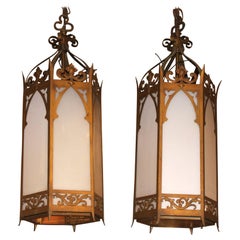 Pair of Hexagonal Iron Gothic Hanging Chandeliers or Lanterns