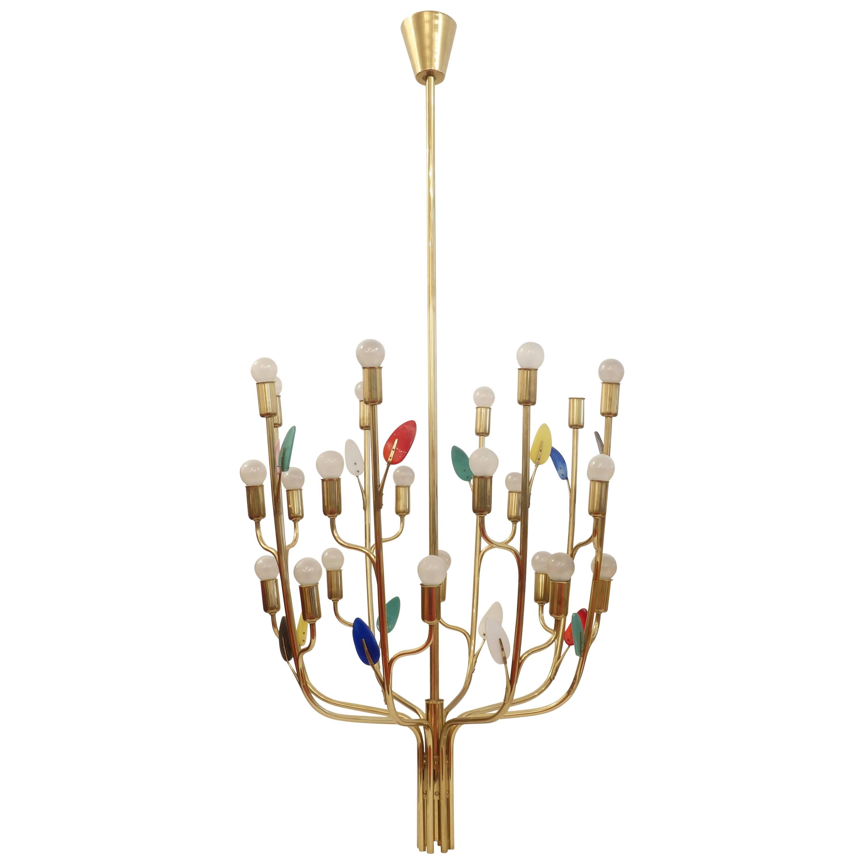 Large 1950s Brass Chandelier by Kalmar with Glass Decoration For Sale