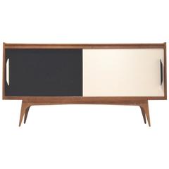 French Mid-Century Design, Black and White Formica and Teak Wood Sideboard
