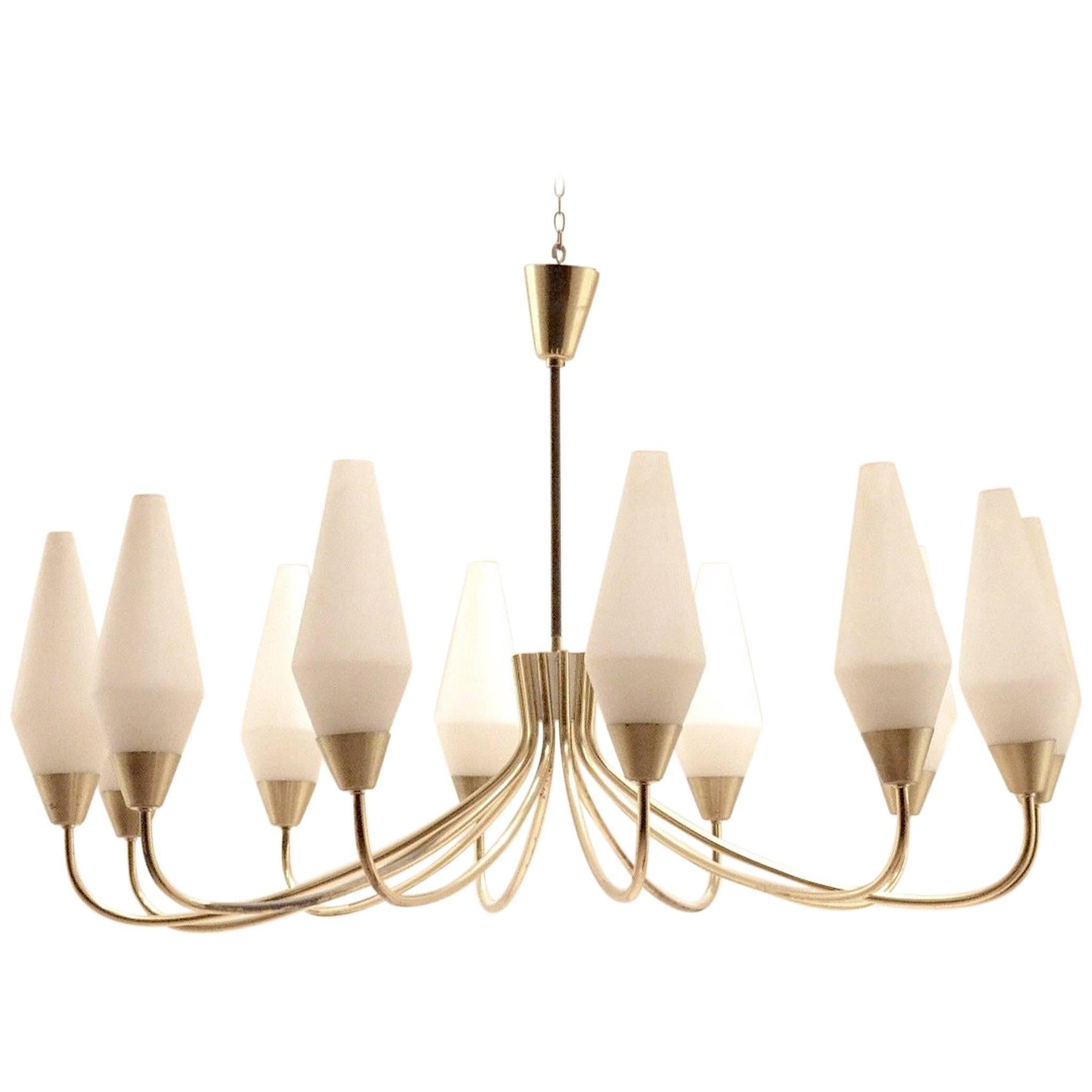 Mid-Century Italian Design, Stilnovo 12x Glass Flutes and Brass Chandelier Lamp