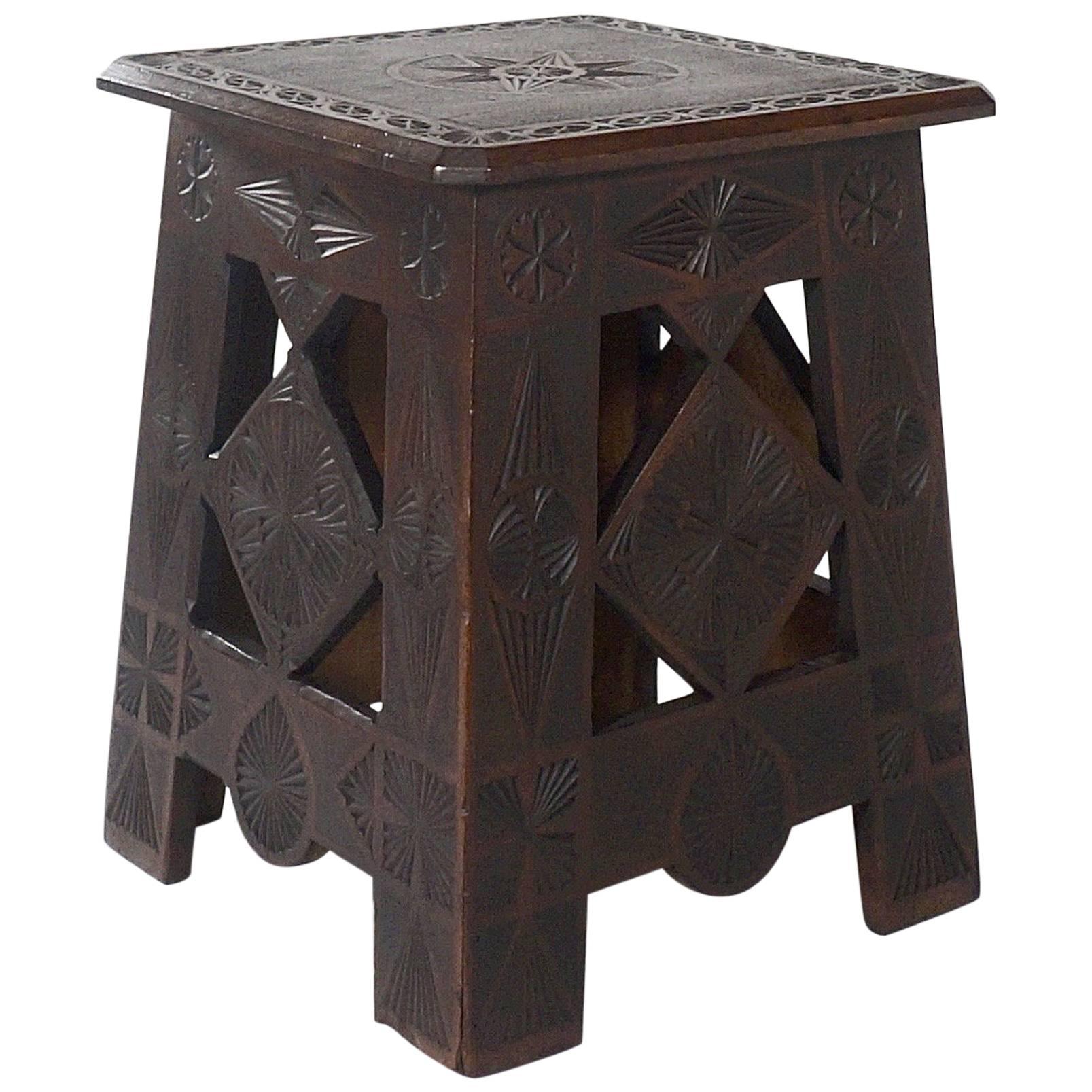 Russian Arts & Crafts Square Chip-Carved Pine Occasional Table