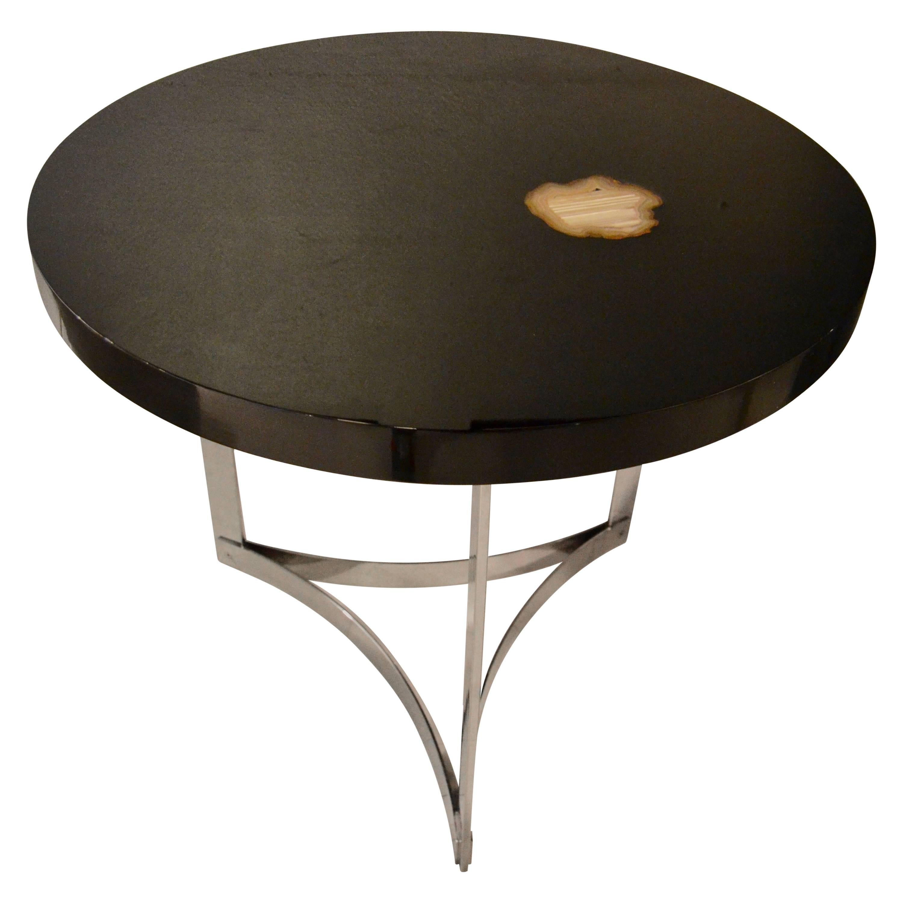 1970s Black Lacquered Table with Agate Inlaid Top