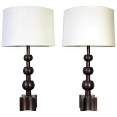 Retro Pair of Brass Table Lamps with Oil Rubbed Finish after Tommi Parzinger, 1970s