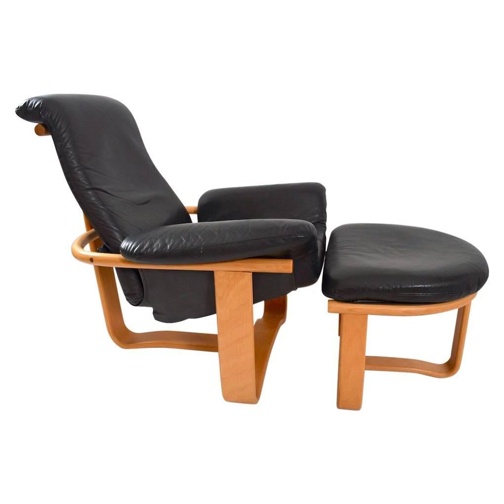 Leather and Wood Manta Chair and Ottoman by Ingmar Relling for Westnofa