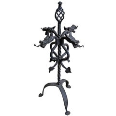 Antique Early 1900s Gothic Style Wrought Iron Dragon Heads with Tails Fireplace Fire Set